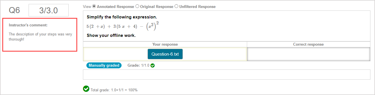 Sample question in the Student gradebook with the instructor's comment highlighted.